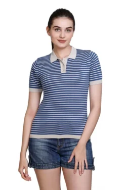 Pulakin Allnit 100% Cotton Women’s Striped T-Shirt – Boat Neck Blue & White