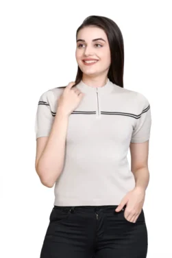 Pulakin Allnit Women’s 100% Cotton T-Shirt – Stylish Band Collar