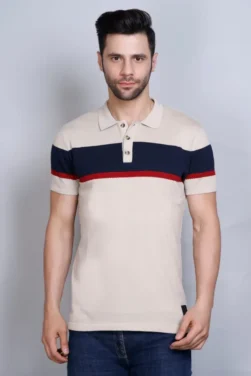 Pulakin Men’s Polo Tees: Beige with Bold Red & Black Stripes – Perfect for Office and Casual Wear