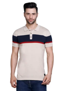 Pulakin Men’s Polo Tees: Beige with Bold Red & Black Stripes – Perfect for Office and Casual Wear