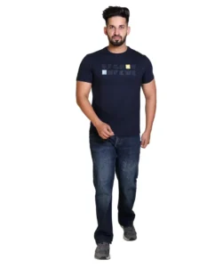 Pulakin Men’s Casual Navy Printed Round Neck Tee