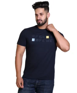 Pulakin Men’s Casual Navy Printed Round Neck Tee