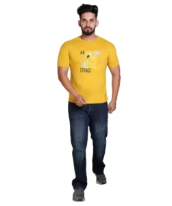 Pulakin Men’s Casual Yellow Printed Round Neck Tee