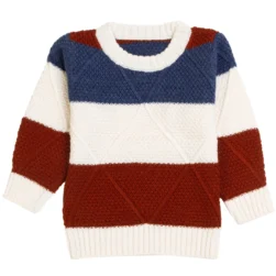 Pulakin Boys’ Colorful Striped 100% Acrylic Sweater – White-Rust-Blue